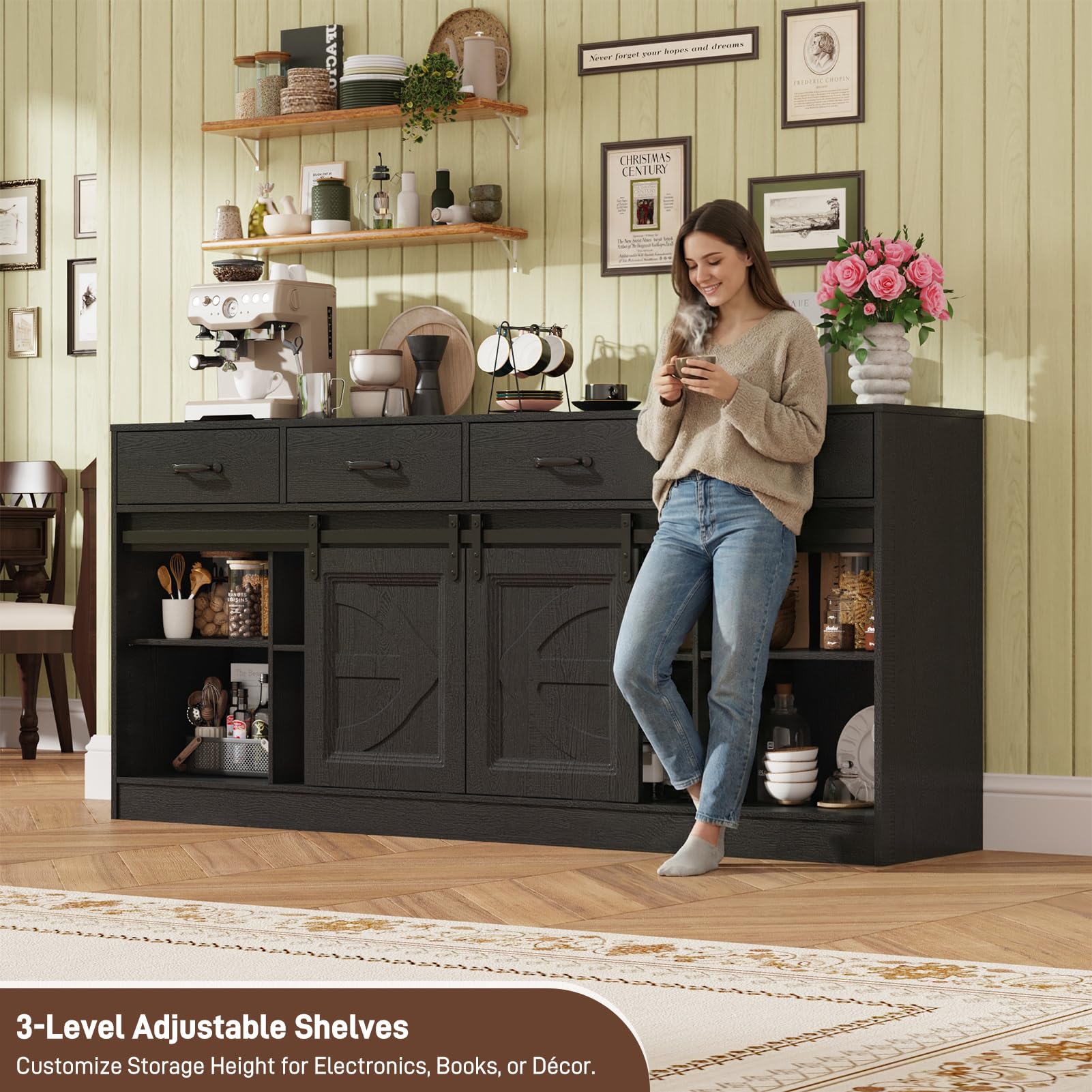 70" Large Farmhouse Tall TV Stand for 85/80/75/70 Inch TVs,4 Drawers,Brown