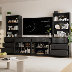 TUSY 71" Large TV Stand Set - TV Entertainment Center for TVs up to 65", Media Center with Tempered Glass Doors and Drawer, TV Hutch with Bookshelves for Living Room (White, BDDB)