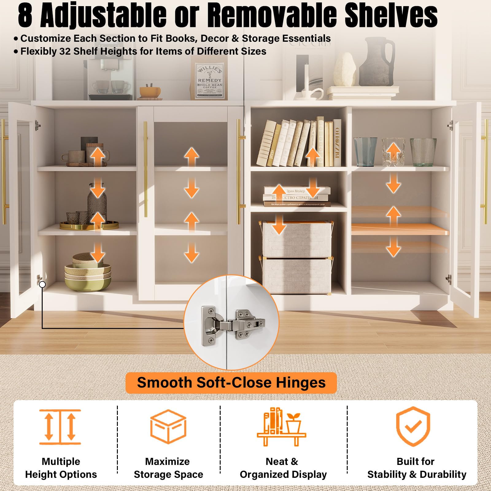 126" Entertainment Center with Bookshelves,4 Doors & 6 Drawers, Modern Farmhouse TV Stand Wall Unit for TVs up to 70" Media Console Storage Cabinet with 18 Shelves for Living Room Heavy-Duty White