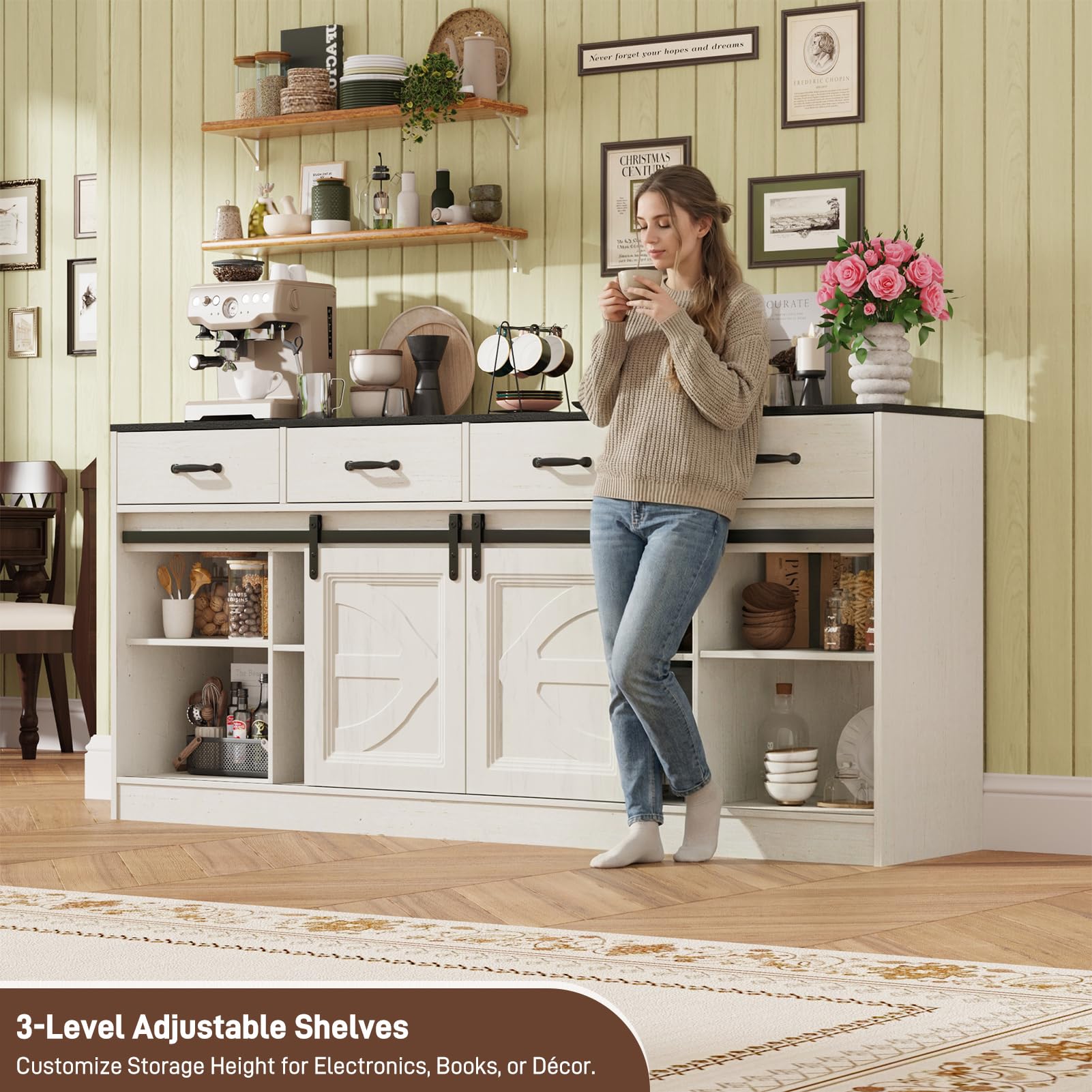 70" Large Farmhouse Tall TV Stand for 85/80/75/70 Inch TVs,4 Drawers,Brown