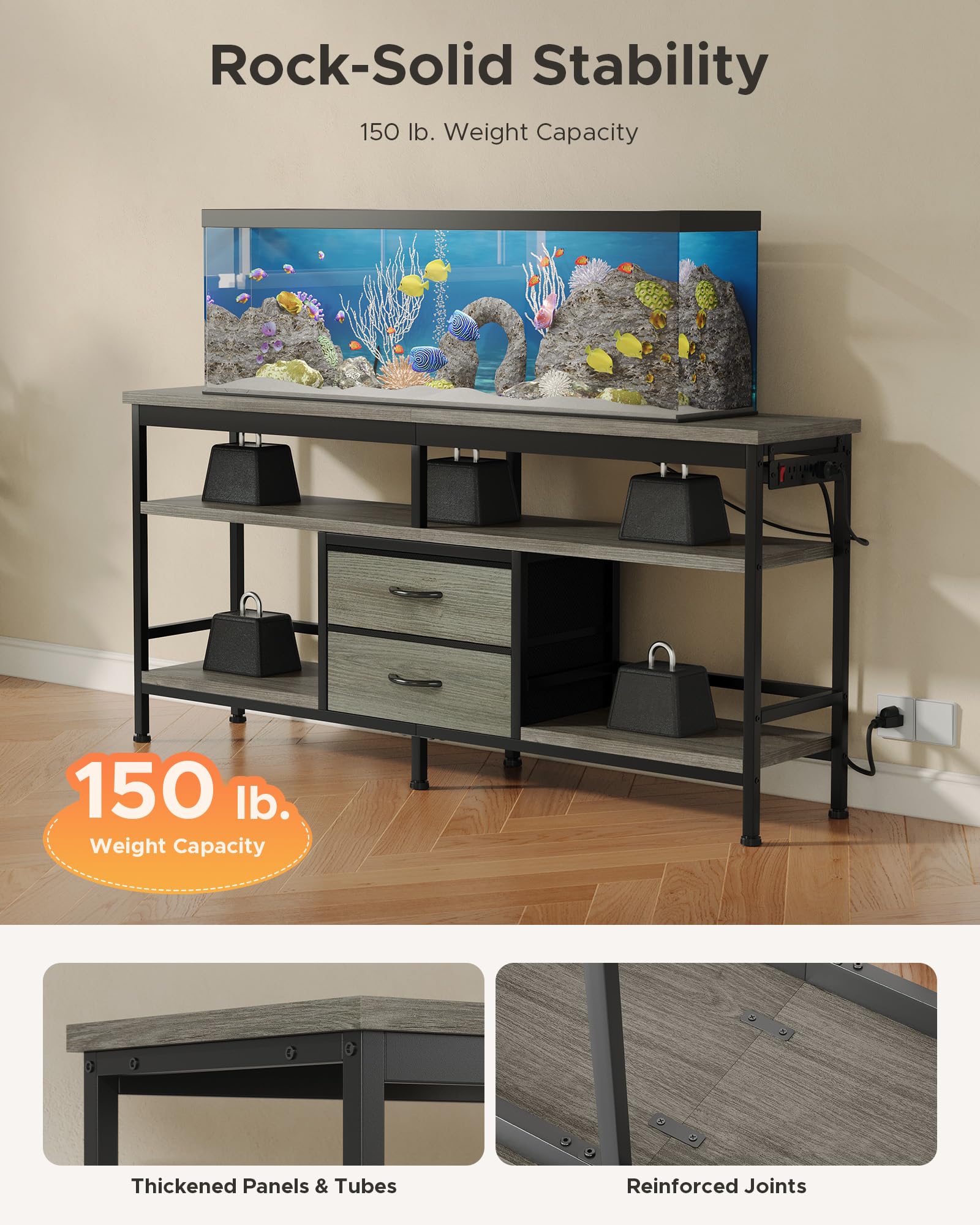 Lazzanto 63in TV Stand for 55-75in TVs, LED Lights, Charging Station, Black