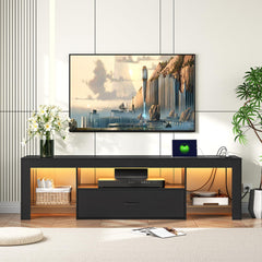 HOOBRO LED TV Stand with Power Outlets to 65 inch TV, Gaming Entertainment Center with Glass Shelves and Large Drawer, Modern Media TV Console Table for Living Room Bedroom, Black BB14UDDS01G1