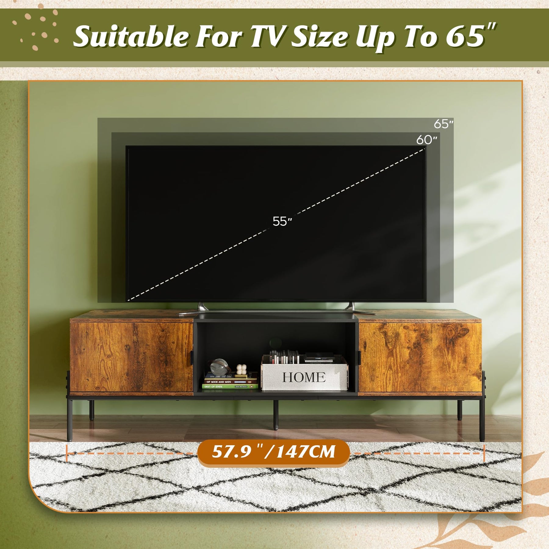 WLIVE 58" TV Stand for 65 Inch TVs, Mid Century Modern Entertainment Center with 2 Storage Cabinets & Open Shelf, Media Console Table with Metal Legs for Living Room, Bedroom, Rustic Brown