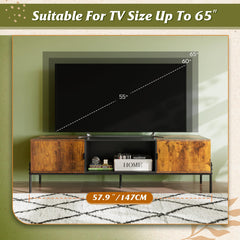 WLIVE 58" TV Stand for 65 Inch TVs, Mid Century Modern Entertainment Center with 2 Storage Cabinets & Open Shelf, Media Console Table with Metal Legs for Living Room, Bedroom, Rustic Brown