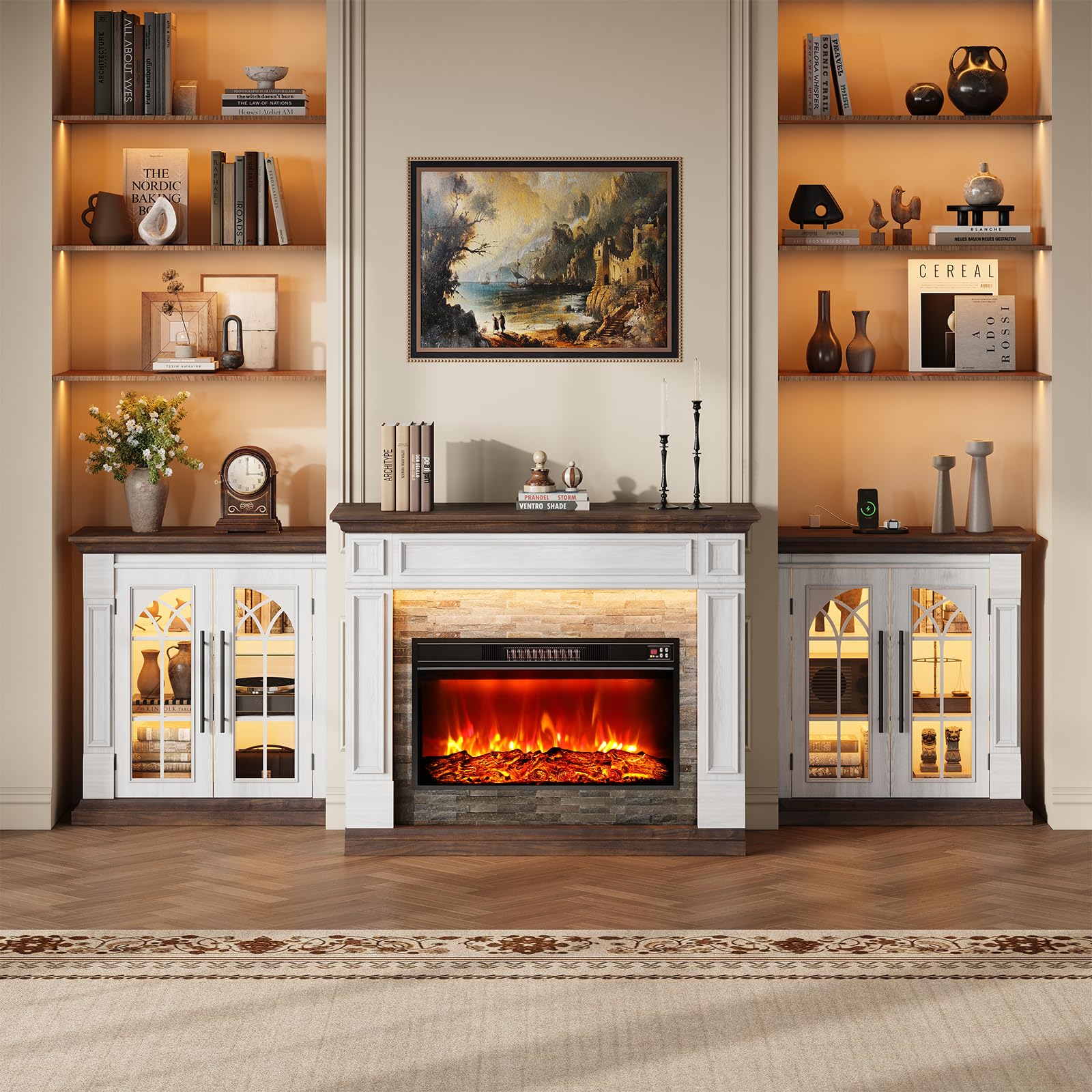 HolliWill 104" Fireplace TV Stand for TVs Up to 100 Inch, LED Electric Fireplace with Mantel and Sideboard Cabinets, Entertainment Center with 4 Glass Doors and Outlet, Modern for Living Room