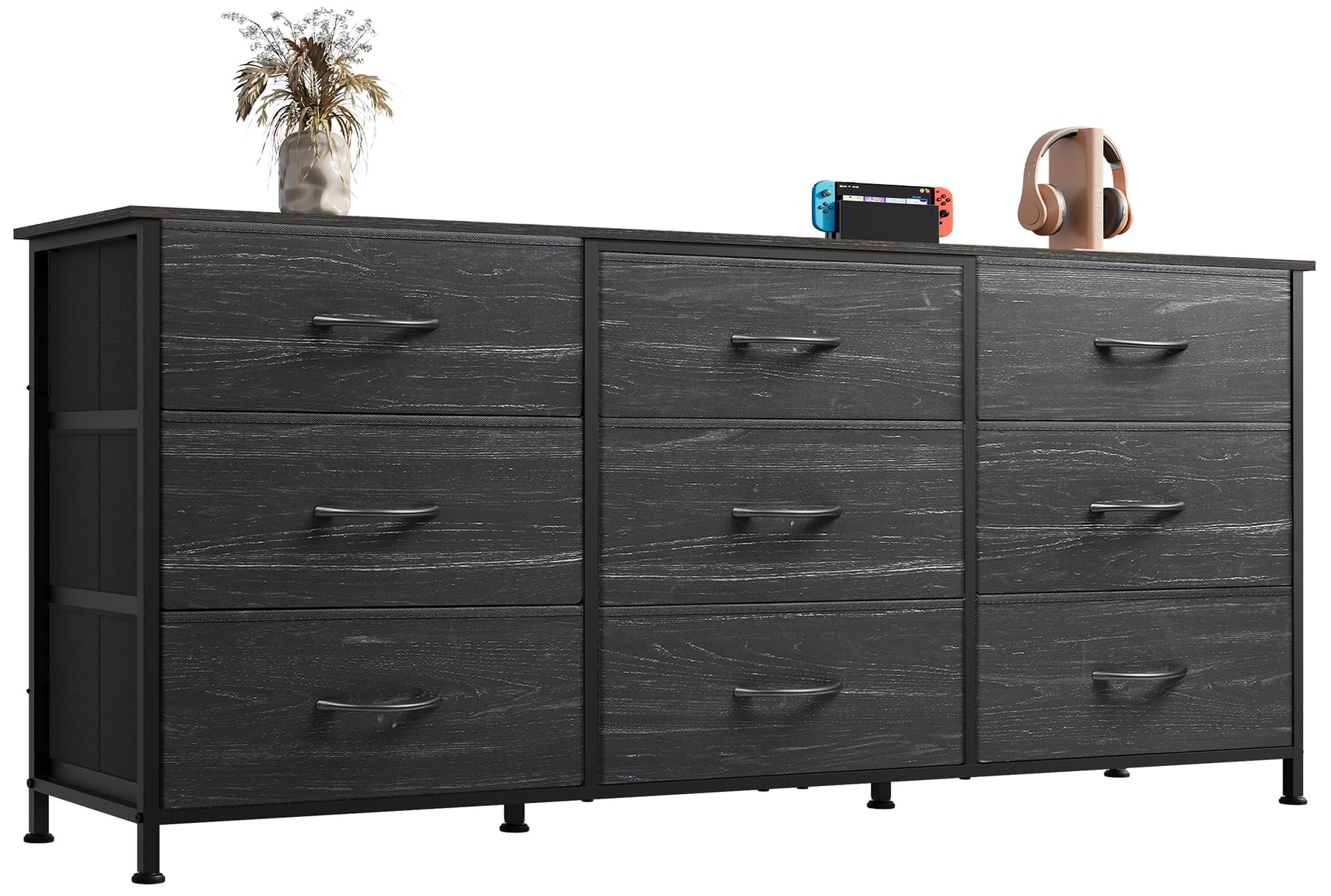 WLIVE Dresser TV Stand for 75 Inch TV, 9 Drawer Dresser for Bedroom, Black