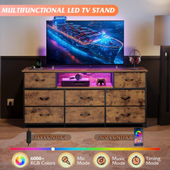 WLIVE LED Dresser TV Stand for 65 Inch TV, 8 Drawers, Rustic Brown