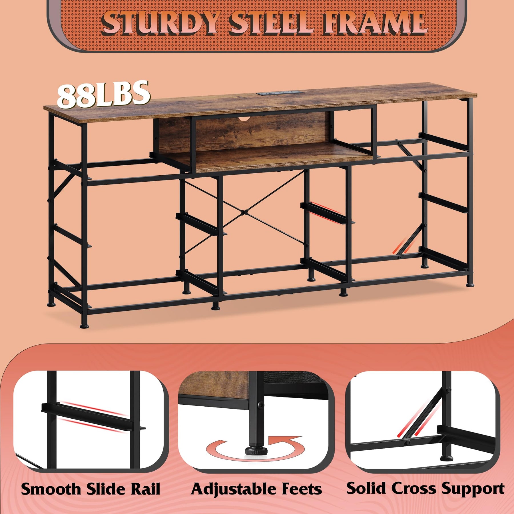 WLIVE LED Dresser TV Stand for 65 Inch TV, 8 Drawers, Rustic Brown
