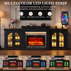 HolliWill 104" Fireplace TV Stand for TVs Up to 100 Inch, LED Electric Fireplace with Mantel and Sideboard Cabinets, Entertainment Center with 4 Glass Doors and Outlet, Modern for Living Room