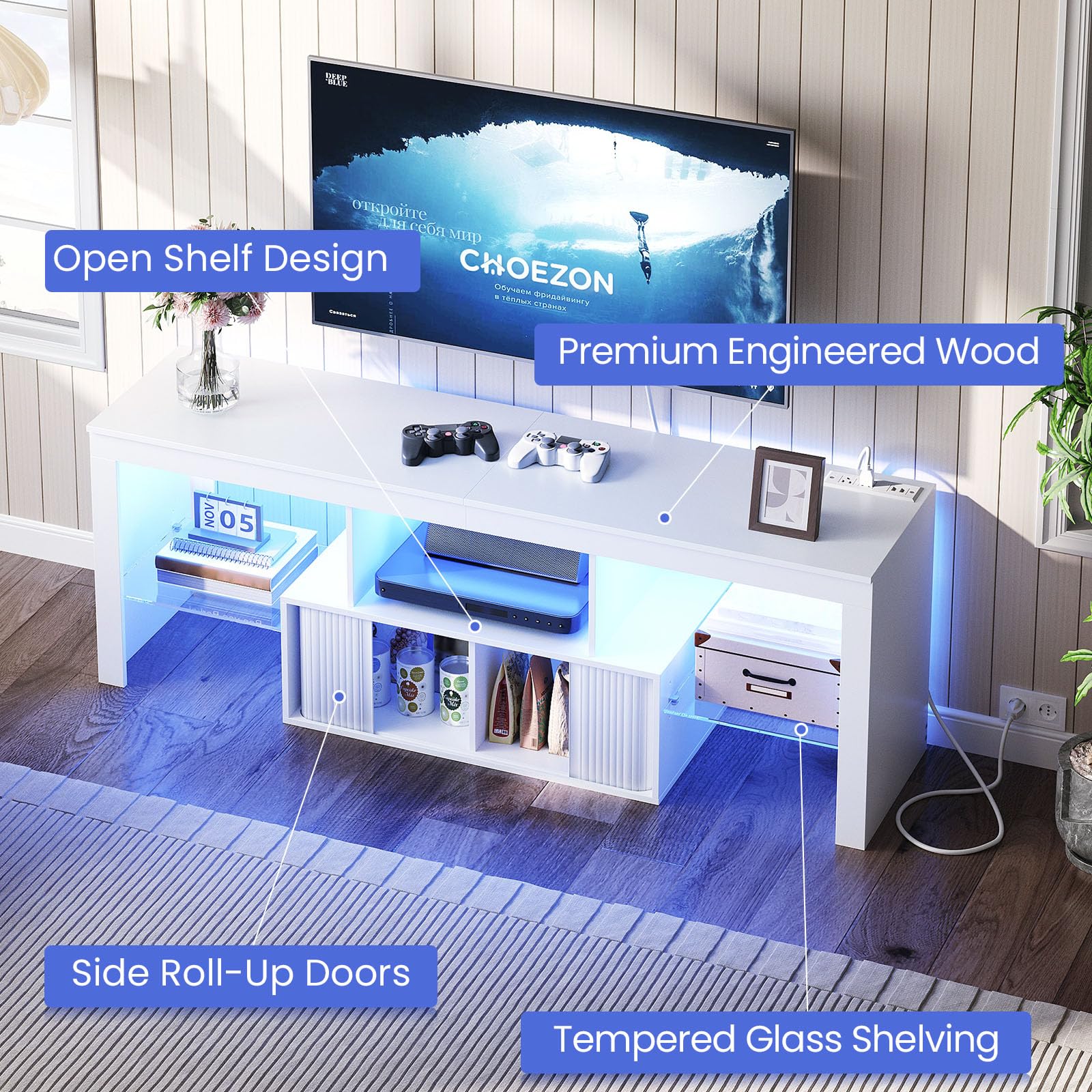 CHOEZON LED TV Stand for 60 inch TVs, Media Entertainment Center, White