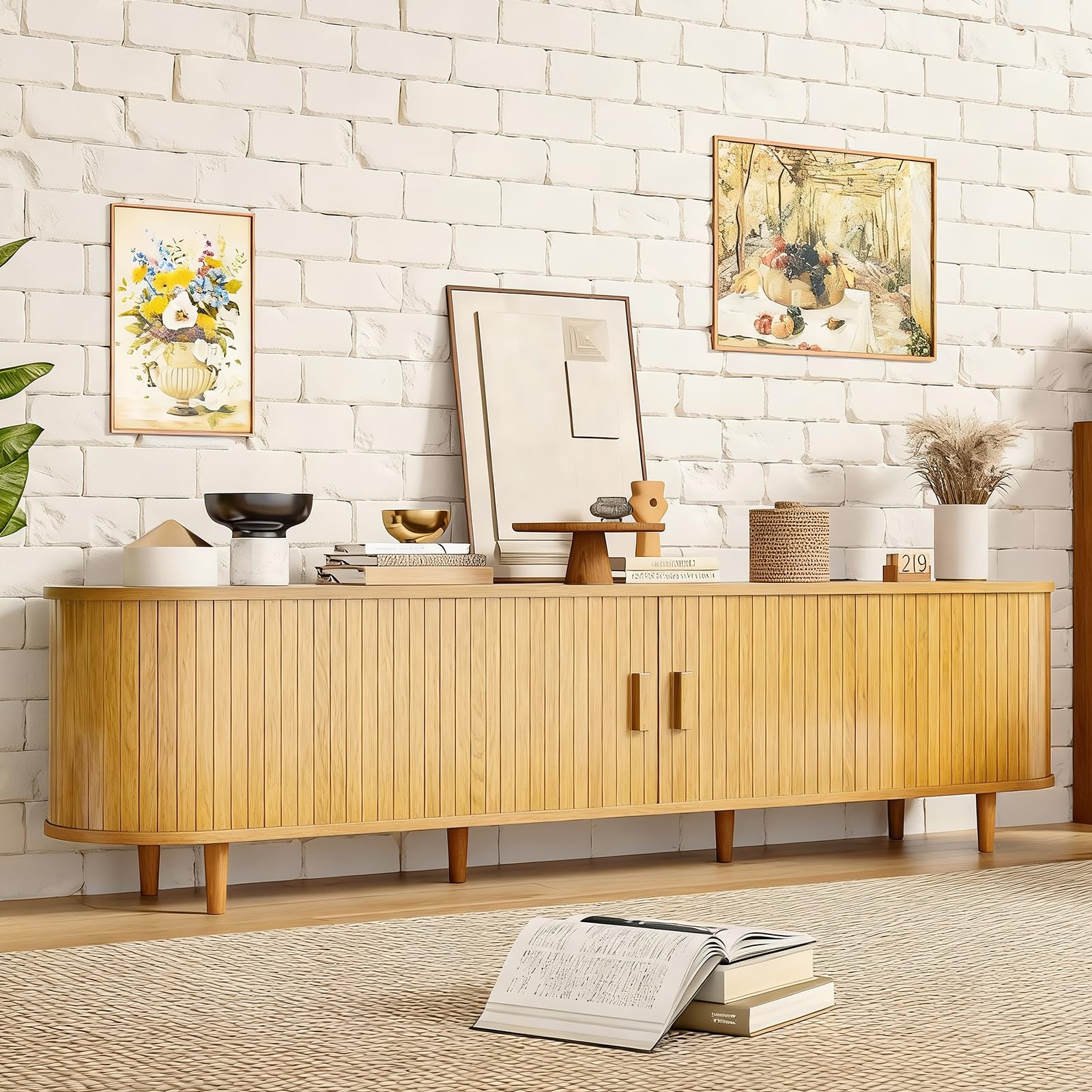 OneBlis 70" Mid Century Modern TV Stand, Wood TV Consoles with Sliding Doors and Power Outlet, Entertainment Center with Adjustable Shelves, Fluted TV Stands for Living Room, Walnut