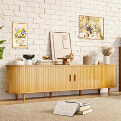 OneBlis 70" Mid Century Modern TV Stand, Wood TV Consoles with Sliding Doors and Power Outlet, Entertainment Center with Adjustable Shelves, Fluted TV Stands for Living Room, Walnut