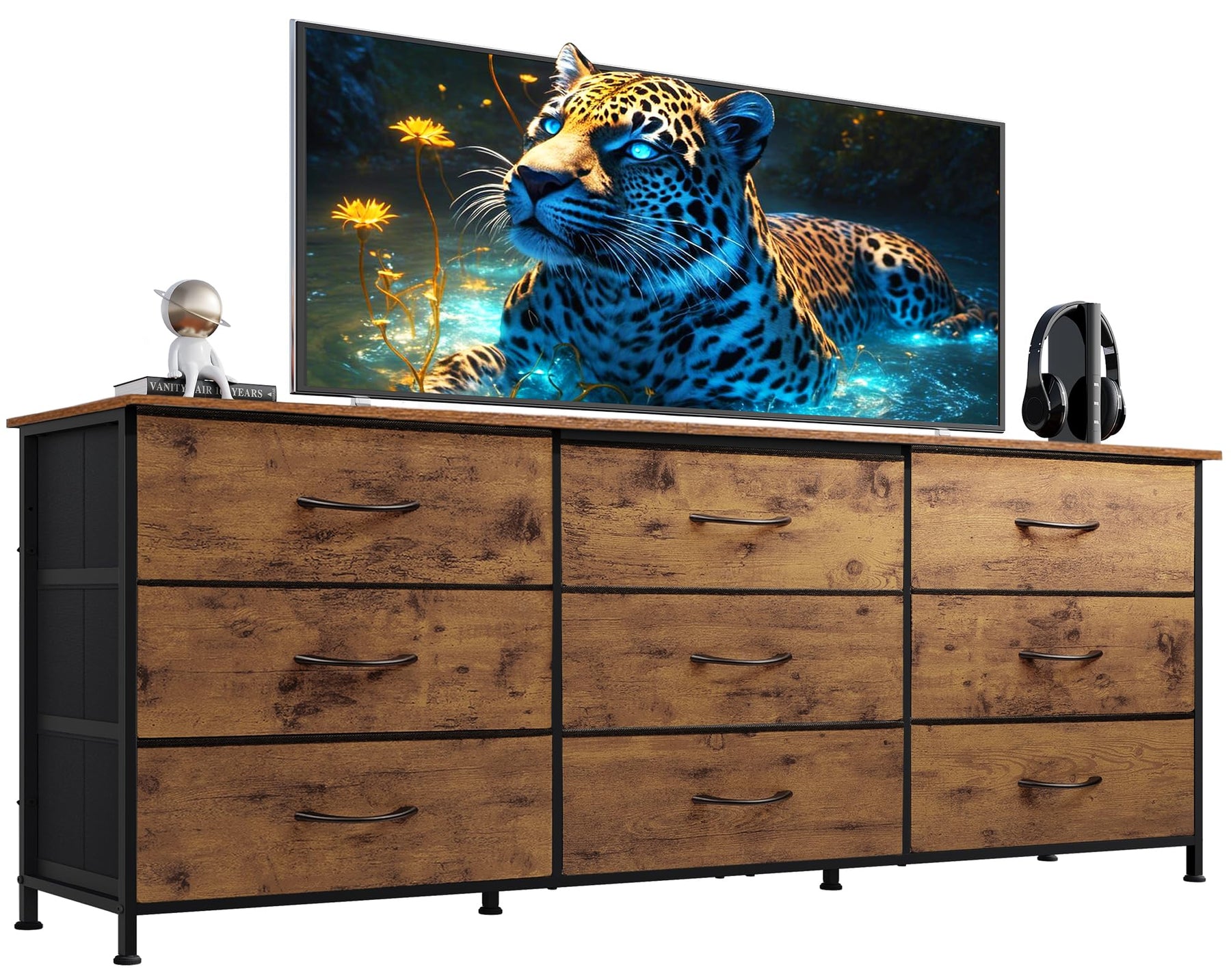 WLIVE Dresser TV Stand for 75 Inch TV, 9 Drawer Dresser for Bedroom, Black