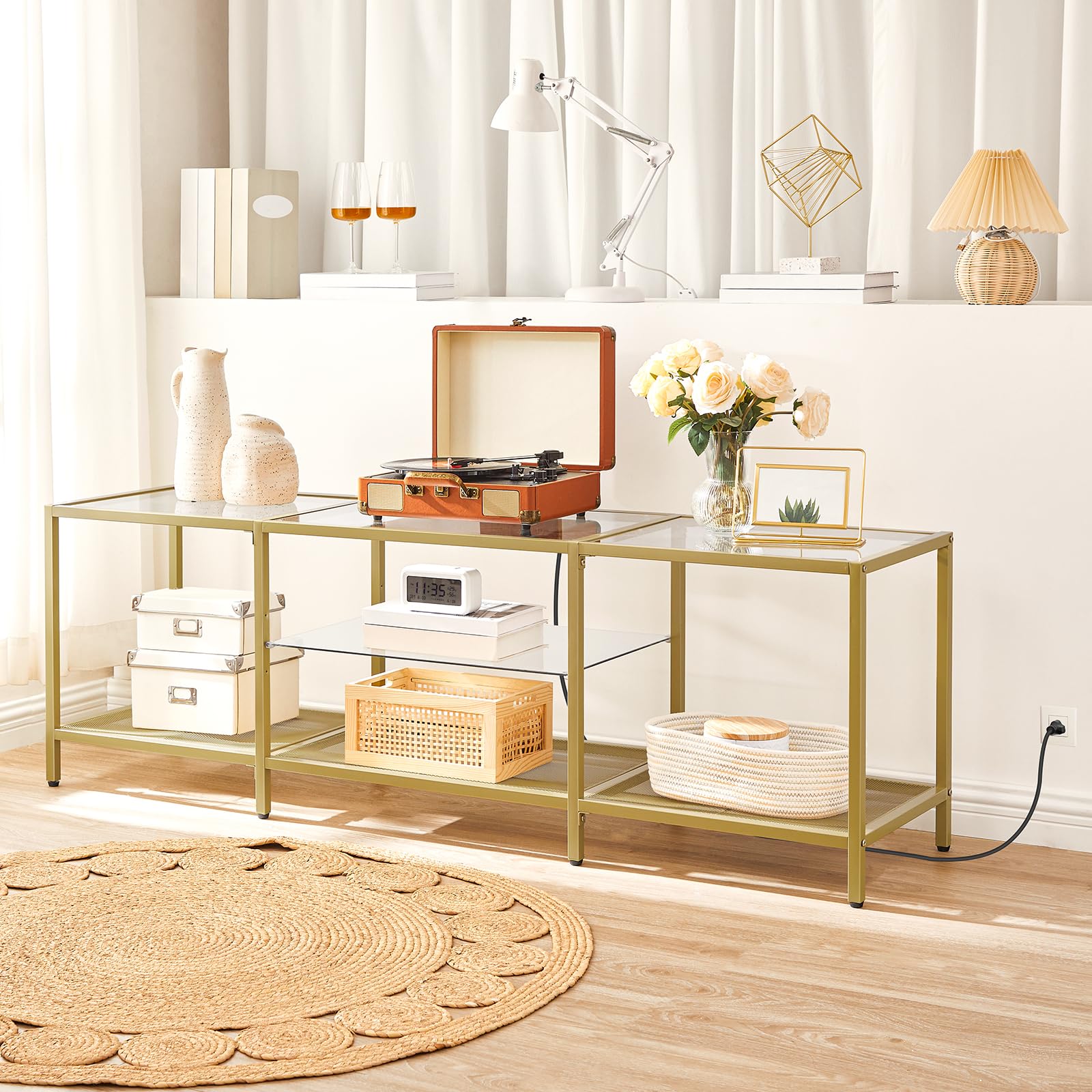 HOOBRO TV Stand with LED Lights and Power Outlets for TVs up to 75", Modern 70.9 Inch Tempered Glass TV Console Table with Open Shelves, Media Entertainment Center for Living Room, Gold GD185UDS01