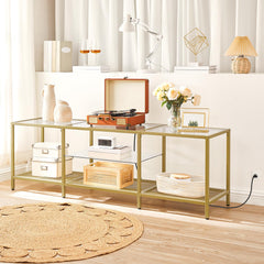 HOOBRO TV Stand with LED Lights and Power Outlets for TVs up to 75", Modern 70.9 Inch Tempered Glass TV Console Table with Open Shelves, Media Entertainment Center for Living Room, Gold GD185UDS01