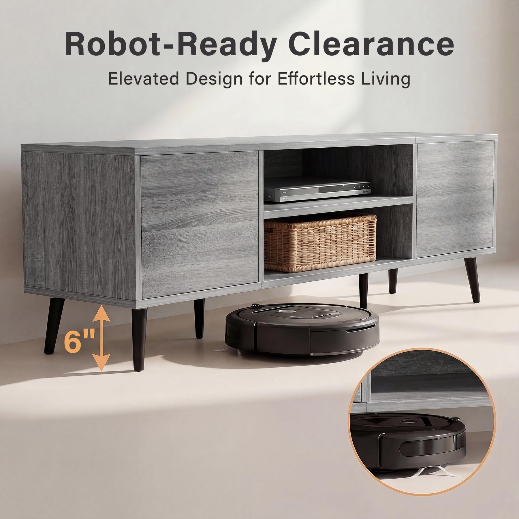 YESHOMY Mid-Century Modern TV Stand, 58 Inch, Light Grey