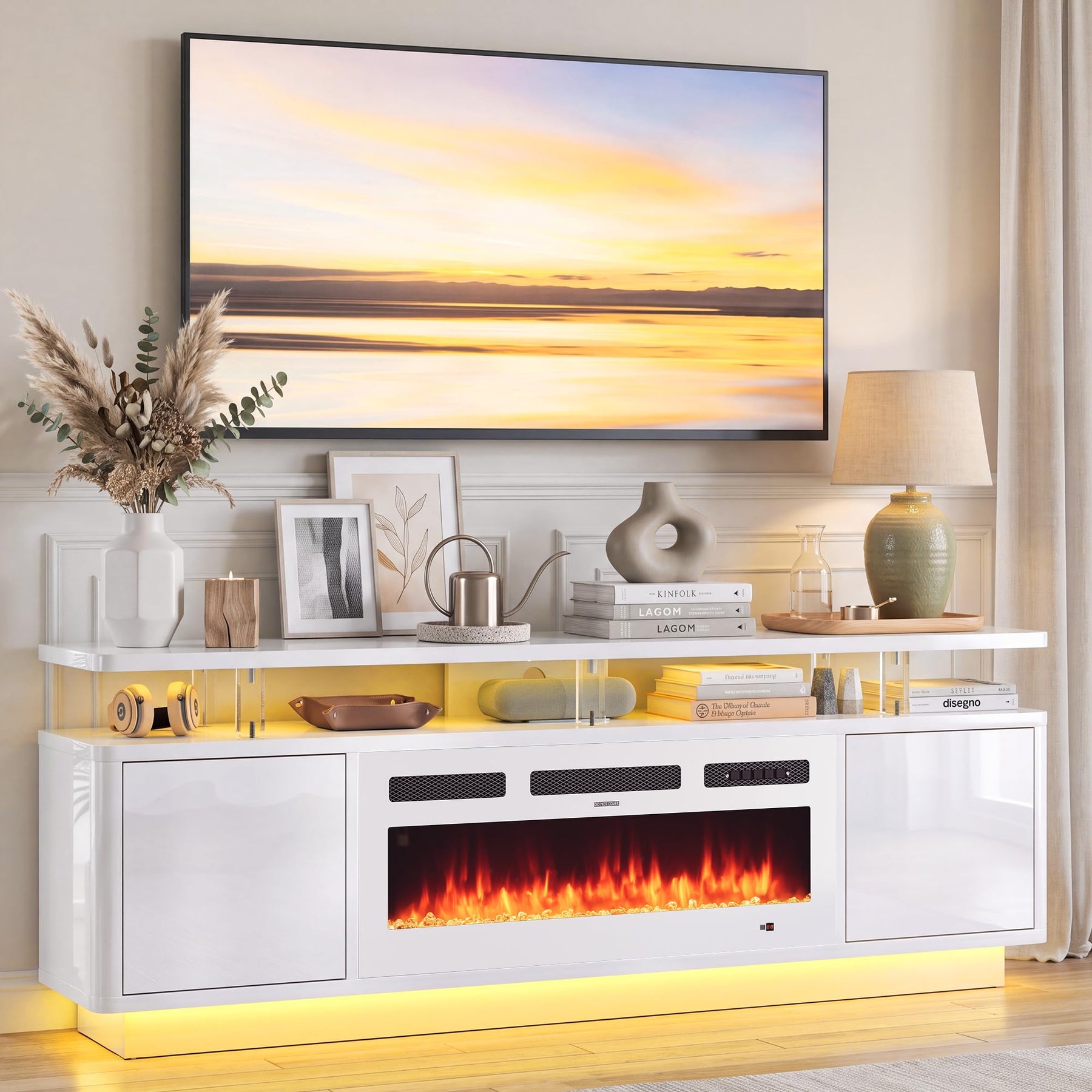 OneBlis 70" Fireplace TV Stand with Double LED Lights for TVs UP to 80", Electric Fireplace Entertainment Center with Storage Cabinets, TV Console for Living Room, Office, Black1