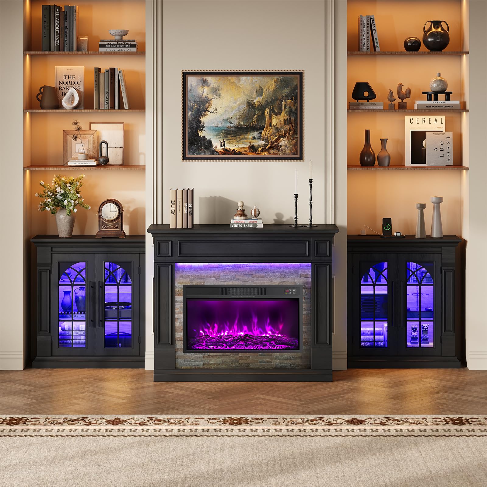 HolliWill 104" Fireplace TV Stand for TVs Up to 100 Inch, LED Electric Fireplace with Mantel and Sideboard Cabinets, Entertainment Center with 4 Glass Doors and Outlet, Modern for Living Room