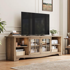 LINSY HOME Farmhouse TV Stand for 65 Inch TV, Wood Entertainment Center with Glass Door Storage Cabinet & Adjustable Shelves, Large Sturdy TV Console Table for Living Room Bedroom