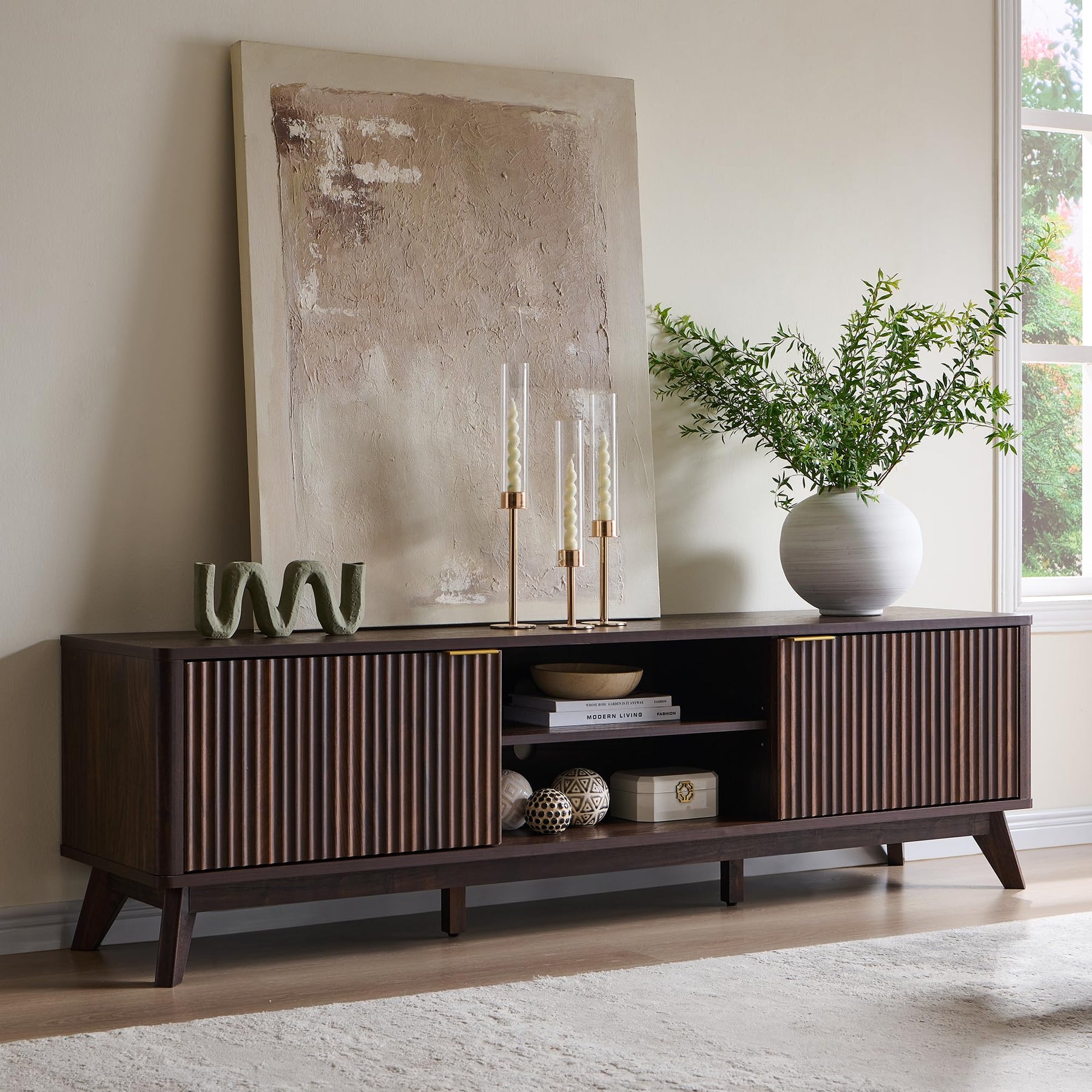 OKD 70" Mid Century Modern Fluted TV Stand w/ 2 Soft Close Door,Natural Oak