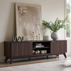 OKD 70" Mid Century Modern Fluted TV Stand w/ 2 Soft Close Door,Natural Oak