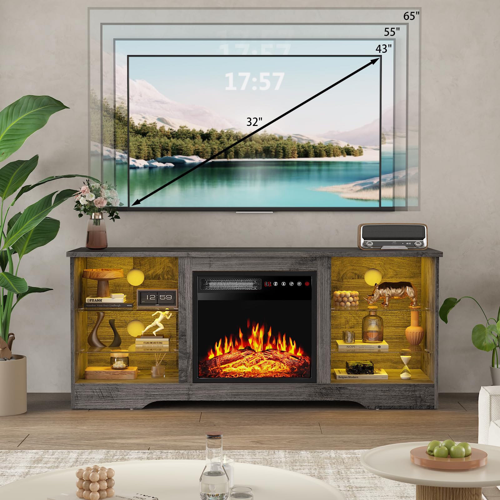 PRETZI Fireplace TV Stand with 36" Fireplace Up to 80" TVs for Living Room