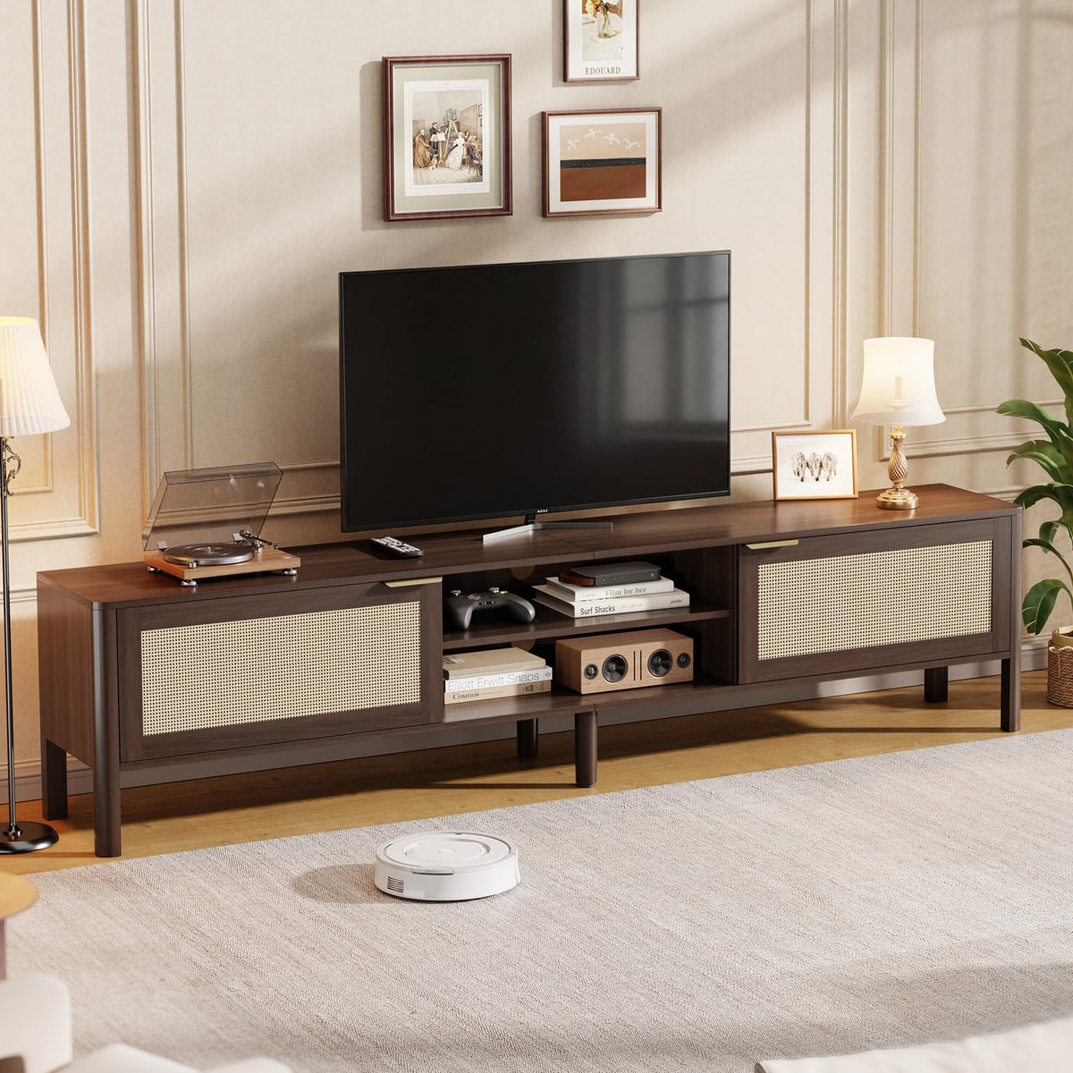 IKALIFE Rattan TV Stand for Living Room Walnut 58"