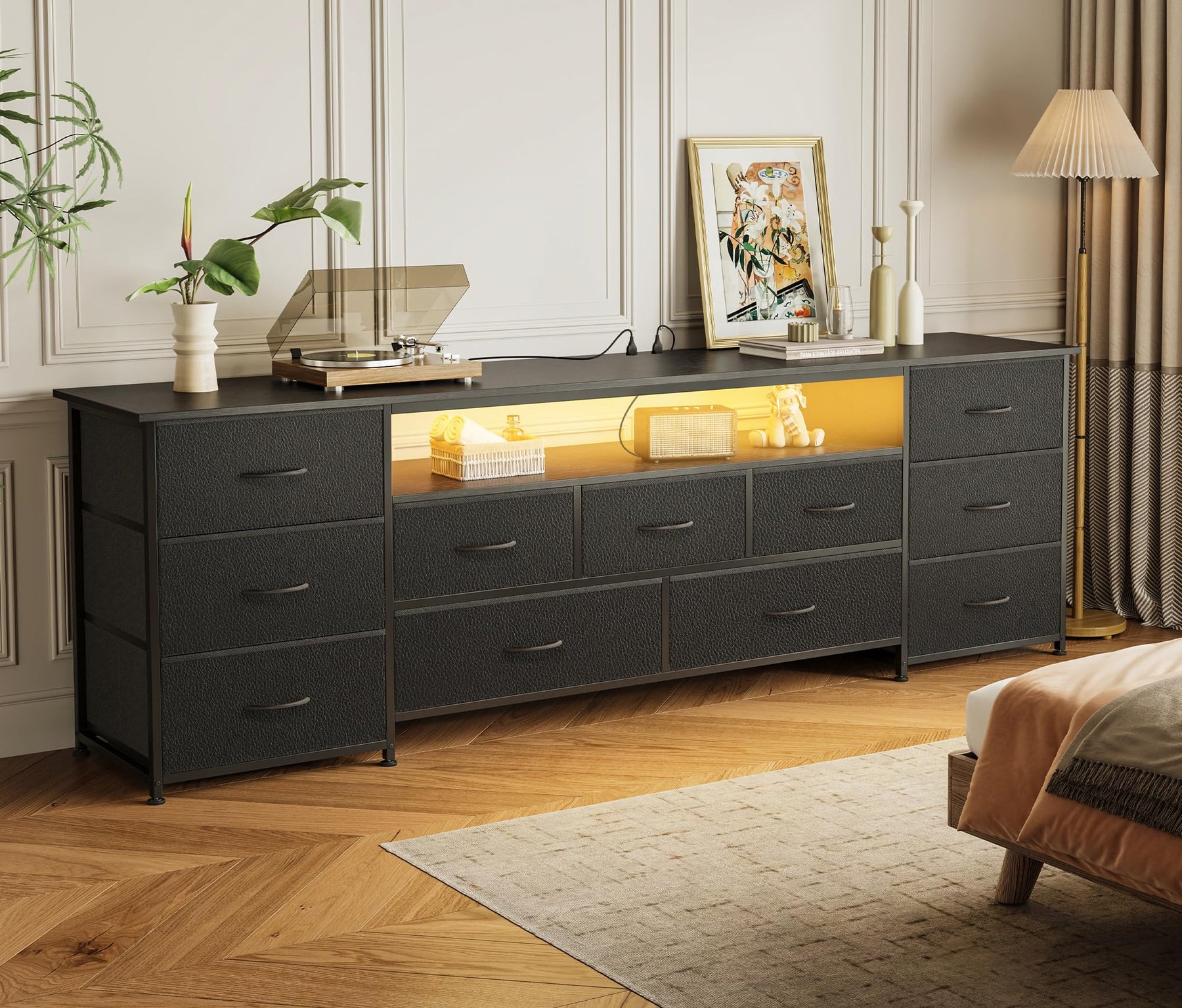 Huuger 63 Inch TV Stand for 65, 70 Inch TV, 11 Drawer Long Dresser with Power Outlets and LED Lights, Entertainment Center with Storage, Black Dresser with PU Leather Surface
