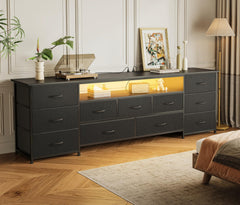 Huuger 63 Inch TV Stand for 65, 70 Inch TV, 11 Drawer Long Dresser with Power Outlets and LED Lights, Entertainment Center with Storage, Black Dresser with PU Leather Surface