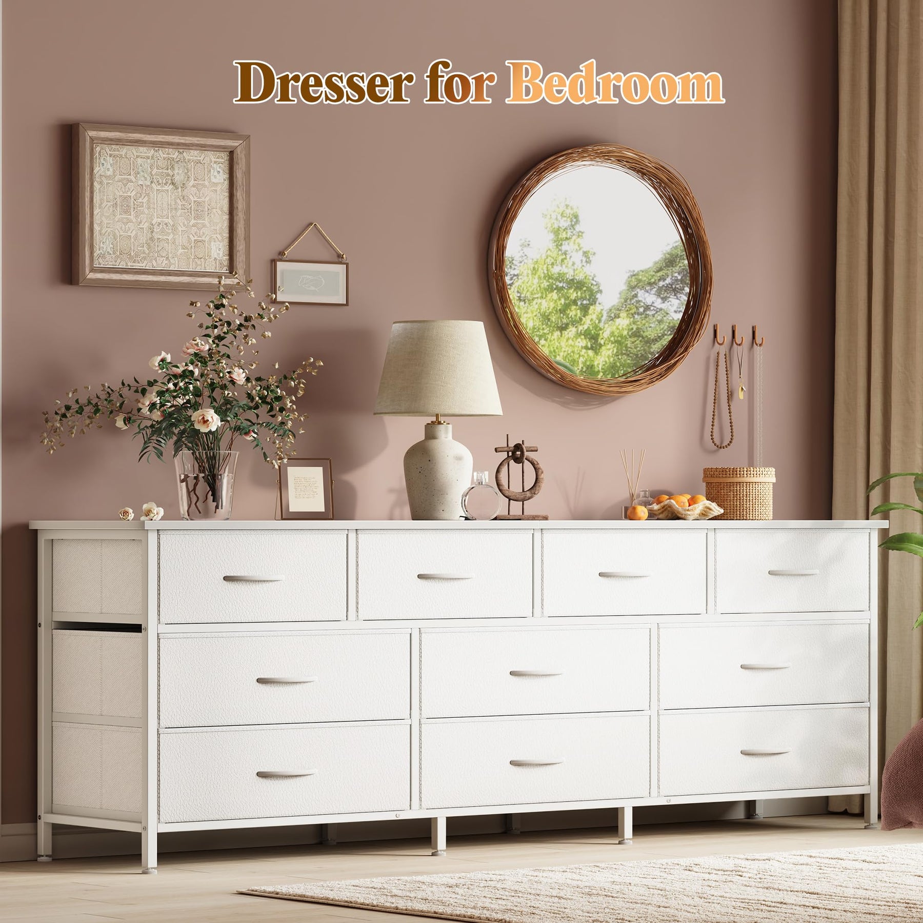 Huuger 63 Inch Dresser for Bedroom, Long Dresser with 10 Fabric Drawers, TV Stand for 55, 65, 70 Inch TV, Toy Storage Organizer for Closet, Rustic Brown