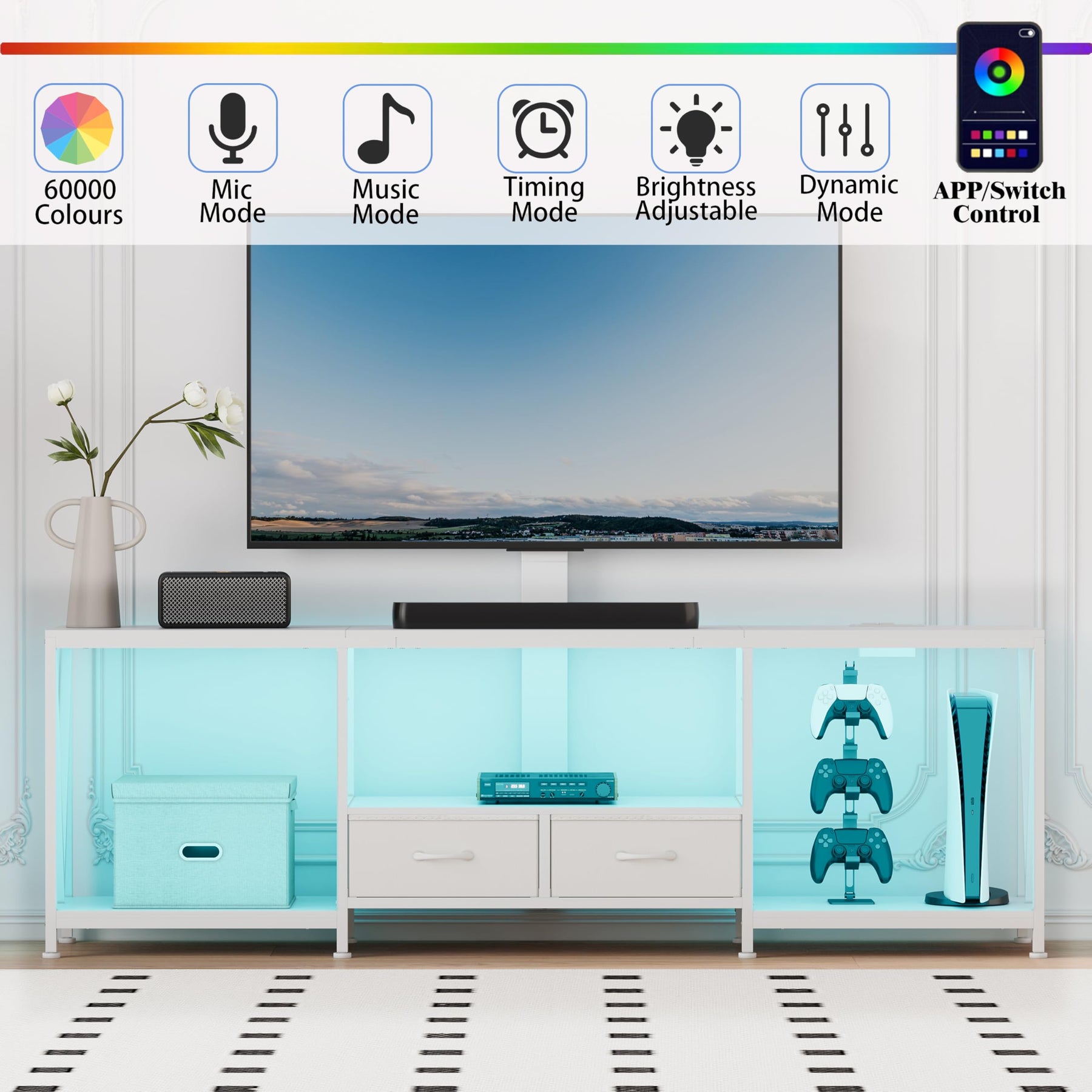 NinPeen 63" W TV Stand with Mount,LED & Charging Station for 55,65,75" TV