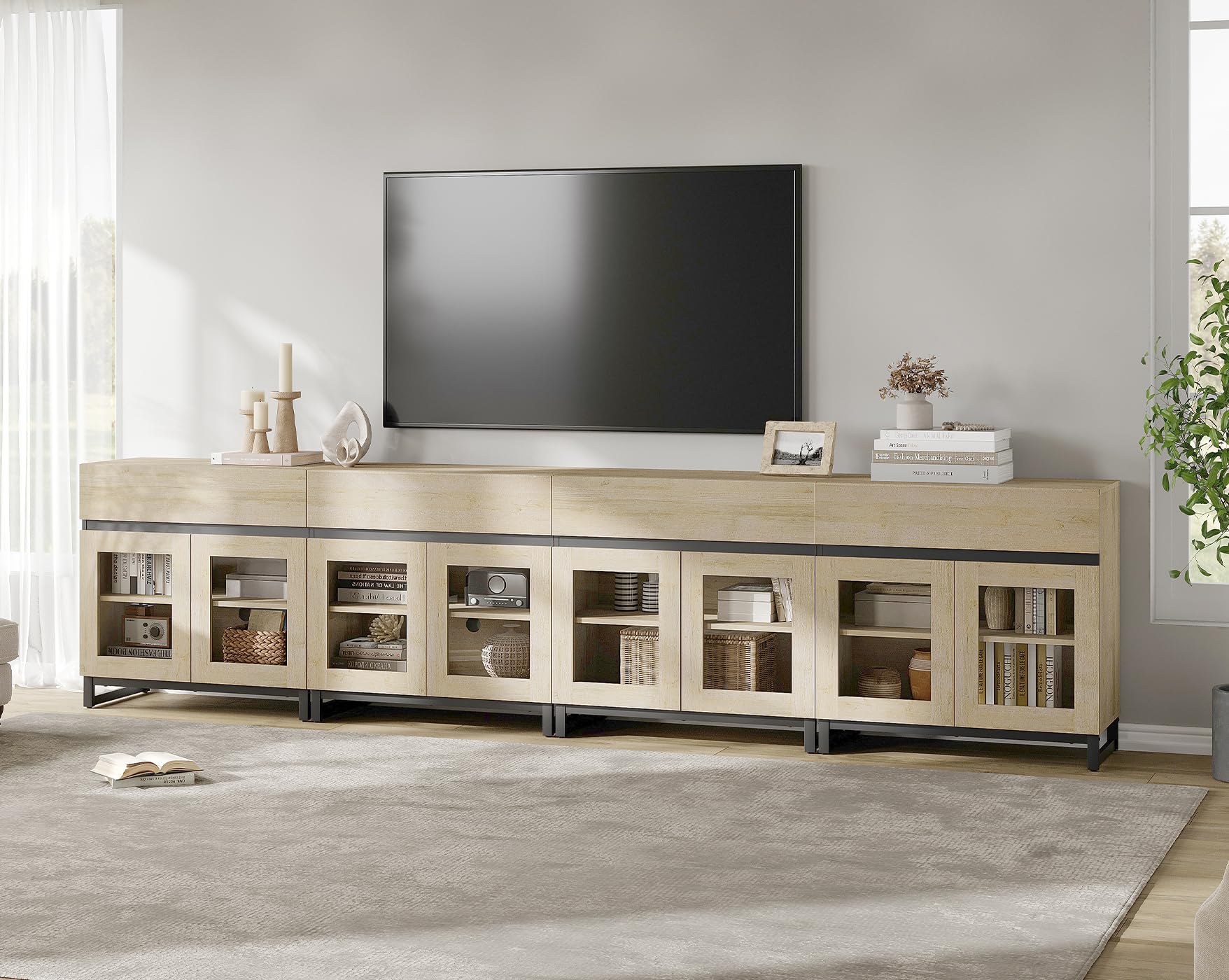 WAMPAT Modern TV Stand with Glass Doors for 80-120 inch TVs, 4 in 1 Entertainment Center Console with 4 Drawers and Metal Base for Living Room, Bedroom, Brown