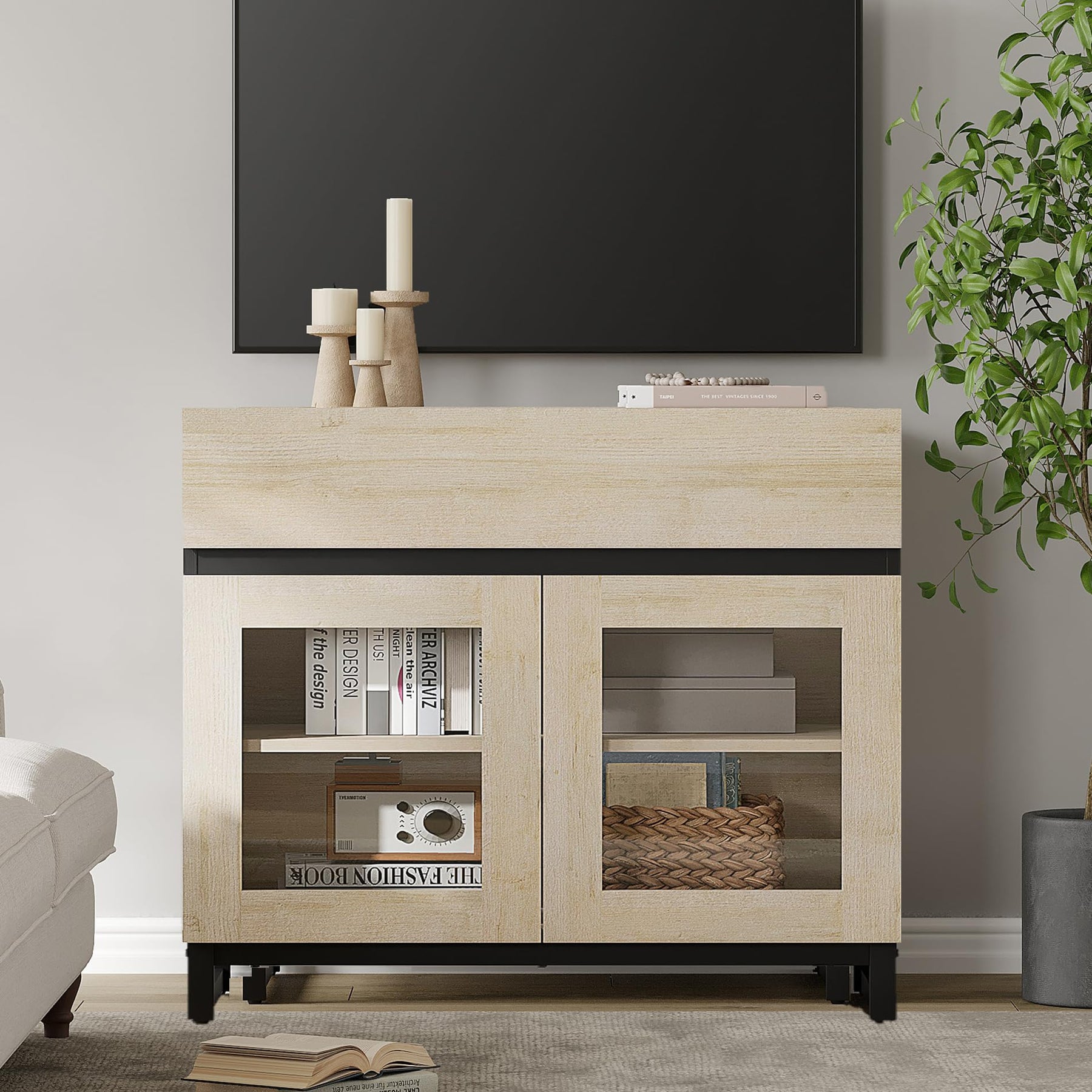 WAMPAT Modern TV Stand with Glass Doors for 80-120 inch TVs, 4 in 1 Entertainment Center Console with 4 Drawers and Metal Base for Living Room, Bedroom, Brown