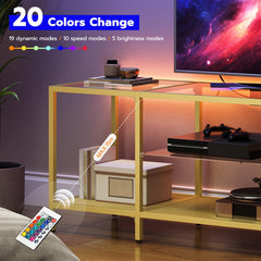HOOBRO TV Stand with LED Lights and Power Outlets for TVs up to 75", Modern 70.9 Inch Tempered Glass TV Console Table with Open Shelves, Media Entertainment Center for Living Room, Gold GD185UDS01