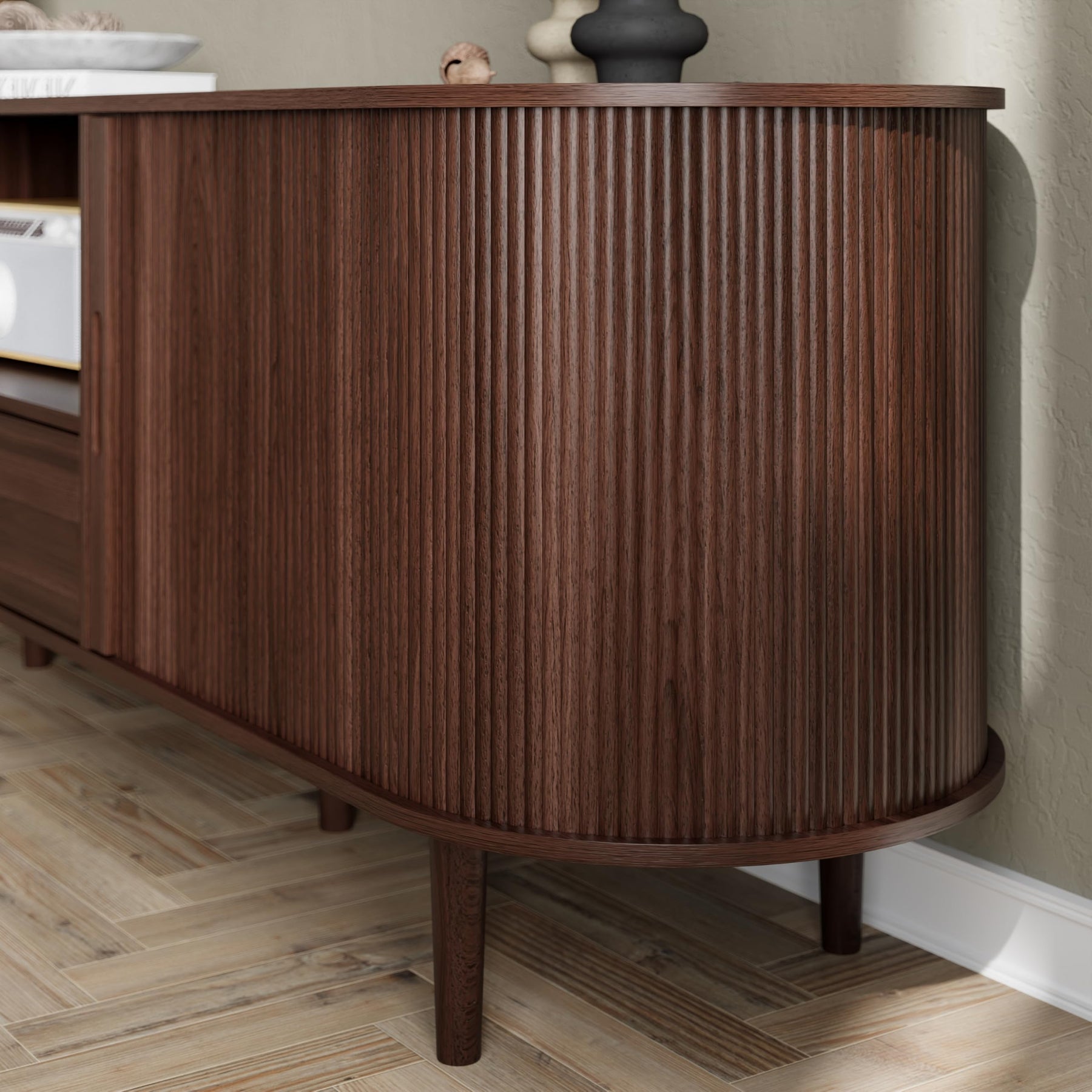 DHH 86.6" Fluted TV Stand with Power Outlet for TVs up to 90", TV Console with Adjustable Shelves and Sliding Door,Mid Century Modern Entertainment Center for Living Room,Bedroom (Walnut)