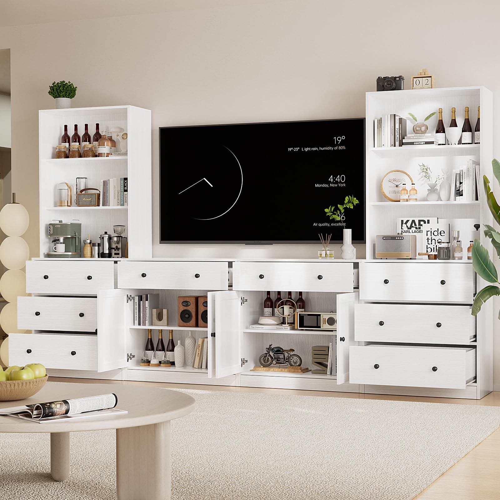 TUSY 71" Large TV Stand Set - TV Entertainment Center for TVs up to 65", Media Center with Tempered Glass Doors and Drawer, TV Hutch with Bookshelves for Living Room (White, BDDB)