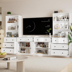 TUSY 71" Large TV Stand Set - TV Entertainment Center for TVs up to 65", Media Center with Tempered Glass Doors and Drawer, TV Hutch with Bookshelves for Living Room (White, BDDB)