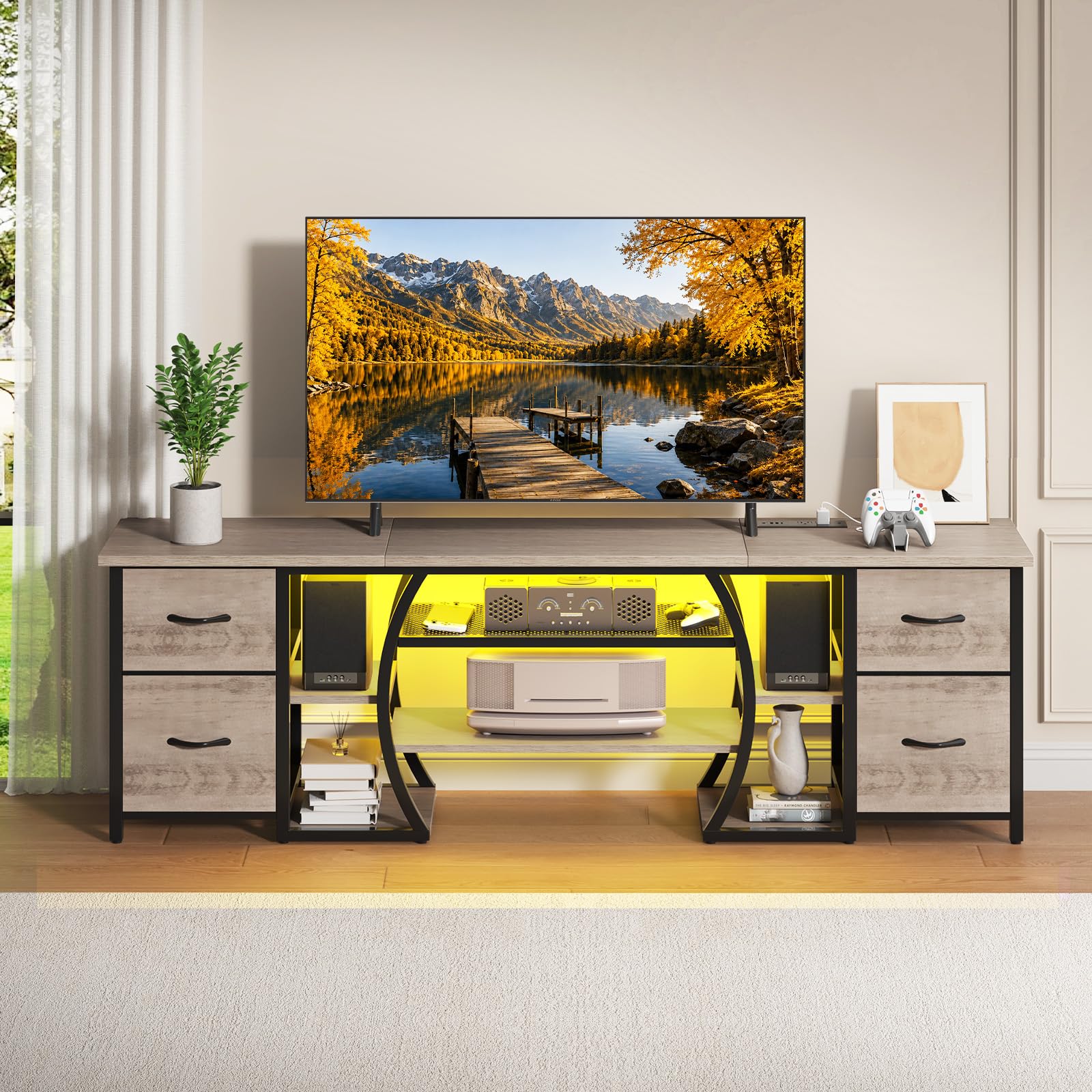 ZHNSYDN LED TV Stand for 65, 70, 80 Inch TV,71 Inch Industrial Entertainment Center with Power Outlets,Media Console Table with Open Storage Shelves & Fabric Drawers for Living Room Bedroom,Greige