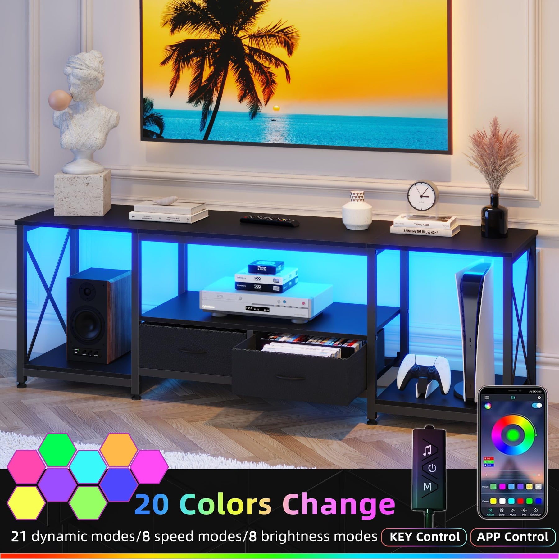 GYIIYUO TV Stand with Fabric Drawer - Entertainment Center and Industrial TV Console Table with Open Storage Shelves for Living Room, Bedroom - 55.1" Rustic Brown
