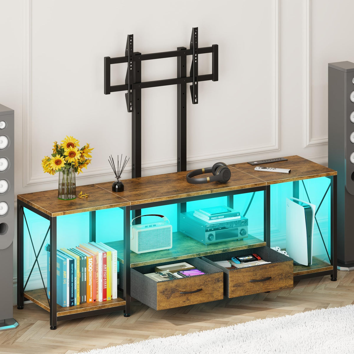 GYIIYUO LED TV Stand with Mount and Power Outlet & Fabric Drawers for 32-85 Inches TV - Entertainment Center and Corner Tv Stand for Living Room, Bedroom- 47" Rustic Brown (Max VESA 600mm × 400mm