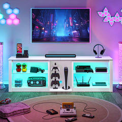 Clikuutory Modern 63 inch TV Stand with LED Lights for 50 55 60 65 70 75 inch TVs, High Gloss Entertainment Center for PS5, TV Cabinet with Glass Shelves for Living Room, Bedroom, Bright Black