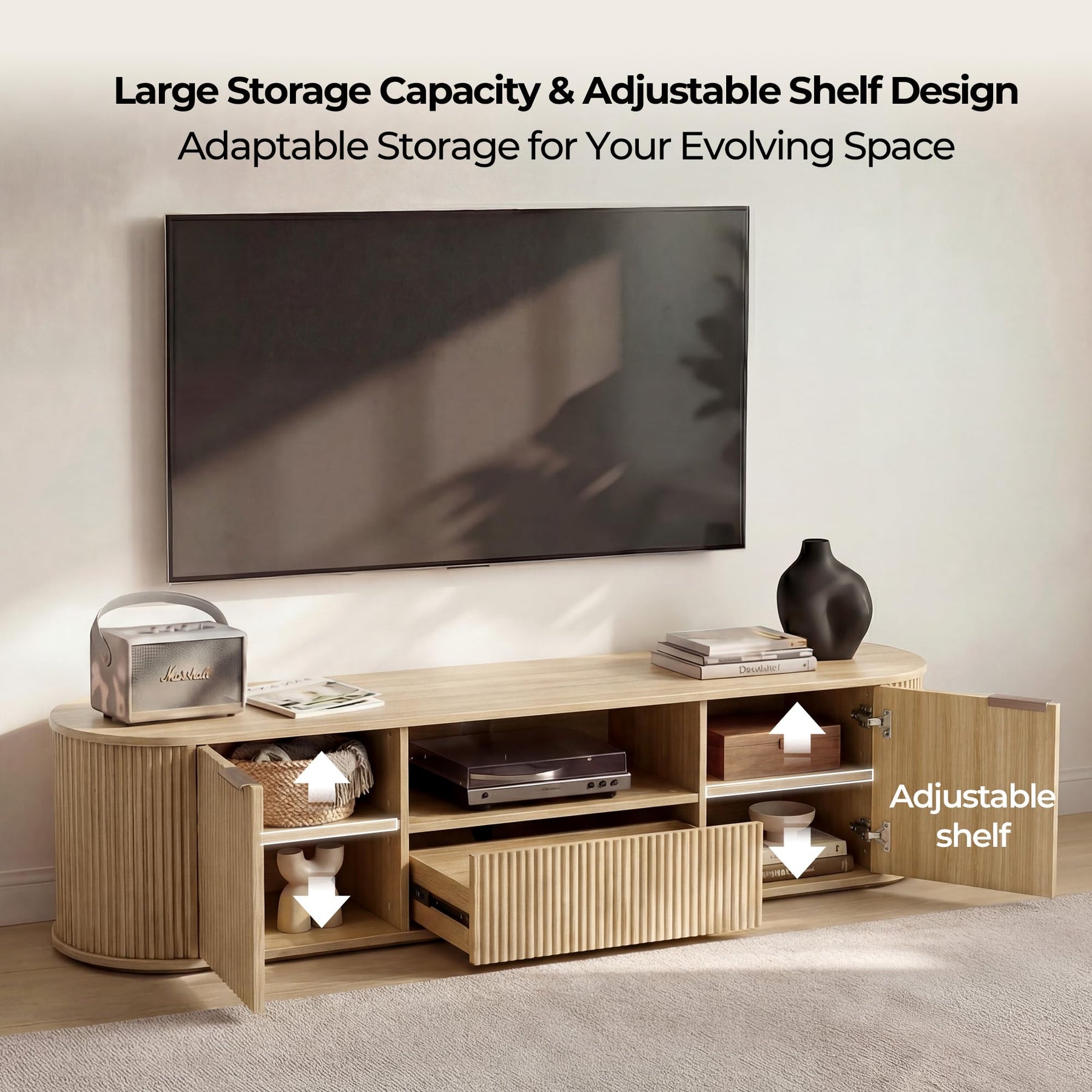 CHITA 70" Fluted TV Stands TV Console with Drawers for TVs Up to 80",Walnut