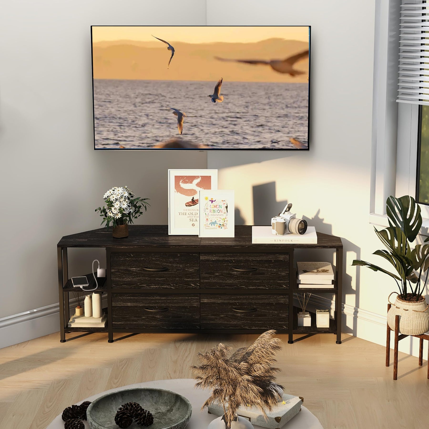 EXOTICA Corner TV Stand for 55" TV with Drawer & Power Outlet, Brown