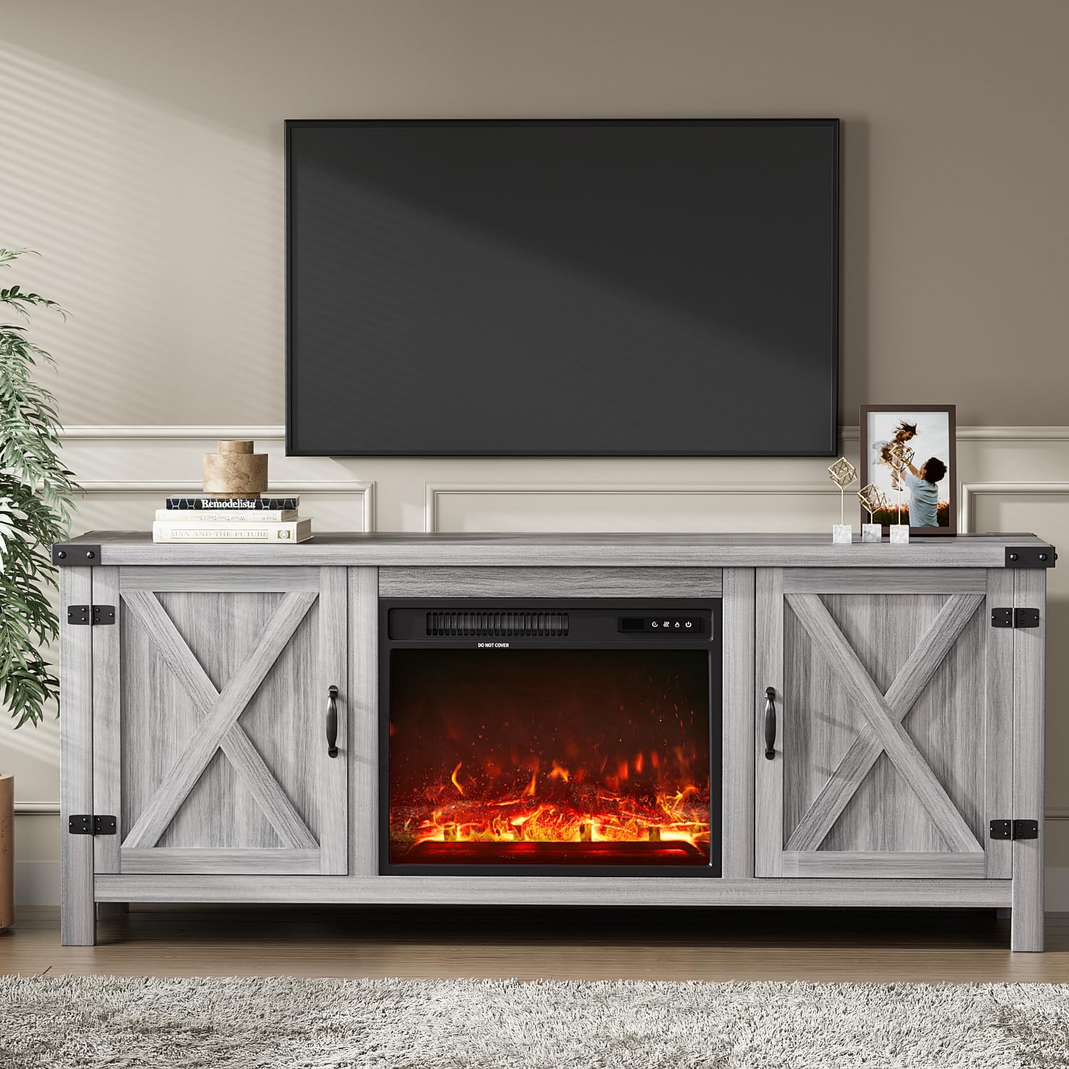 YESHOMY Modern Farmhouse TV Stand with Barn Door for 65 Inch TV, Gray Wash