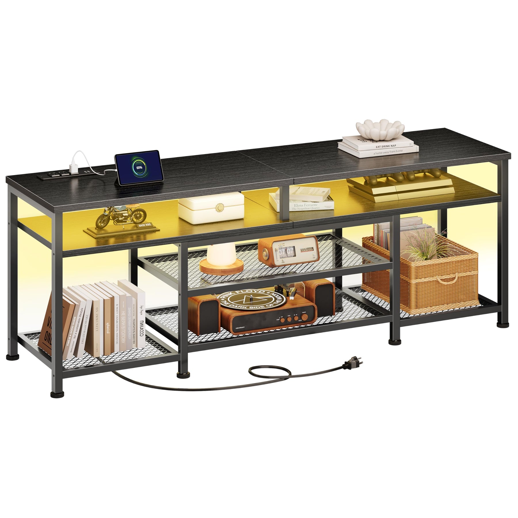 Furologee TV Stand with Power Outlets and LED Lights, 63 Inch Entertainment Center for 60 65 70 Inch TVs, Media Console Table with Open Shelves, for Bedroom, Living Room, Black