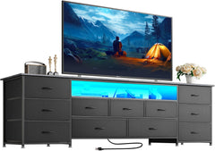 Huuger 63 Inch TV Stand for 65, 70 Inch TV, 11 Drawer Long Dresser with Power Outlets and LED Lights, Entertainment Center with Storage, Black Dresser with PU Leather Surface