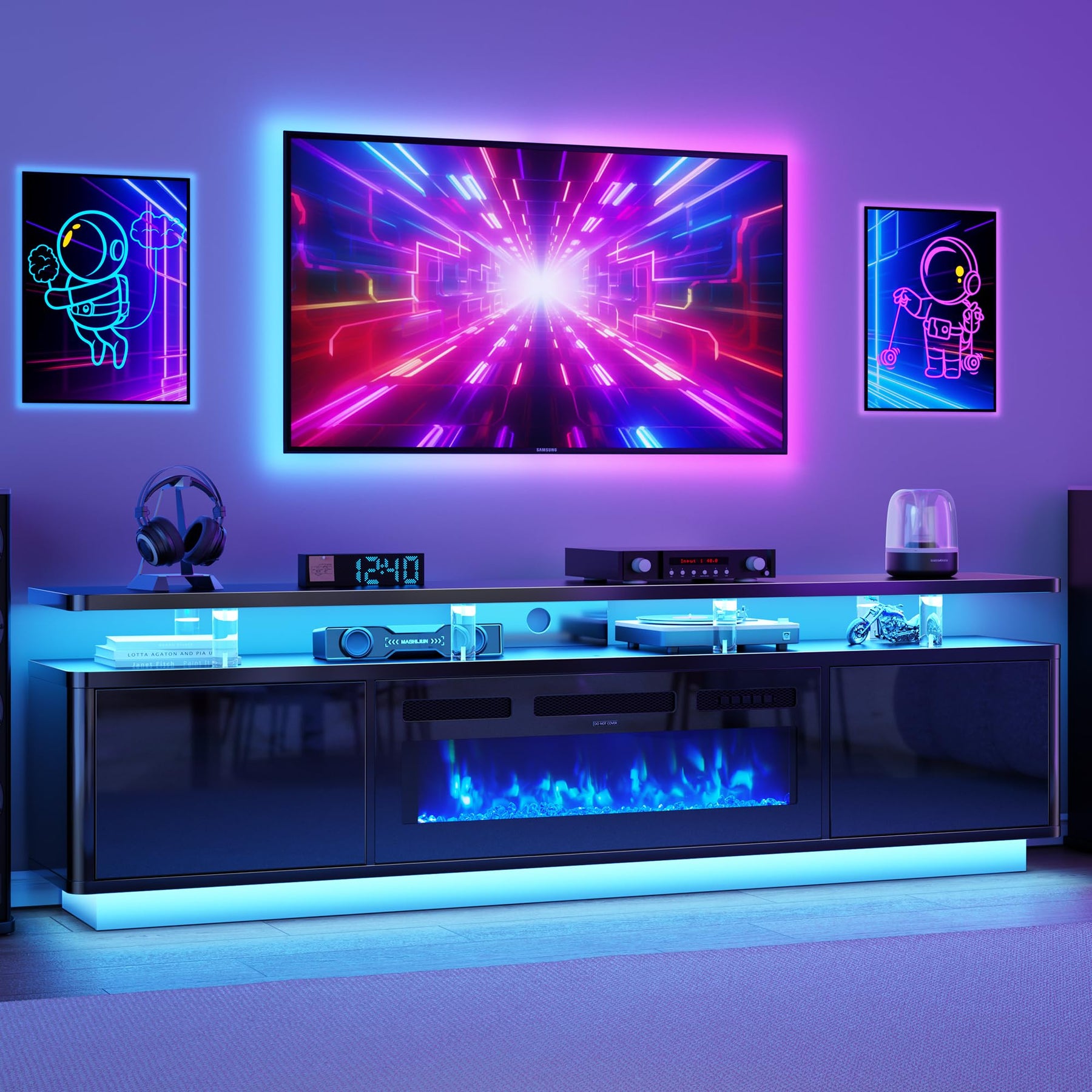 OneBlis 70" Fireplace TV Stand with Double LED Lights for TVs UP to 80", Electric Fireplace Entertainment Center with Storage Cabinets, TV Console for Living Room, Office, Black1