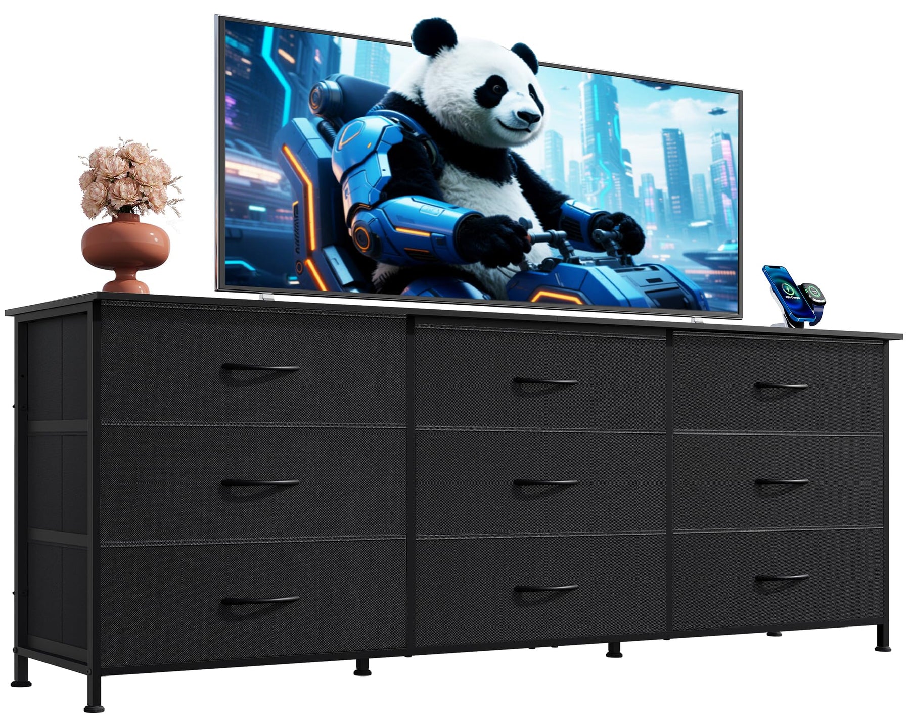 WLIVE Dresser TV Stand for 75 Inch TV, 9 Drawer Dresser for Bedroom, Black