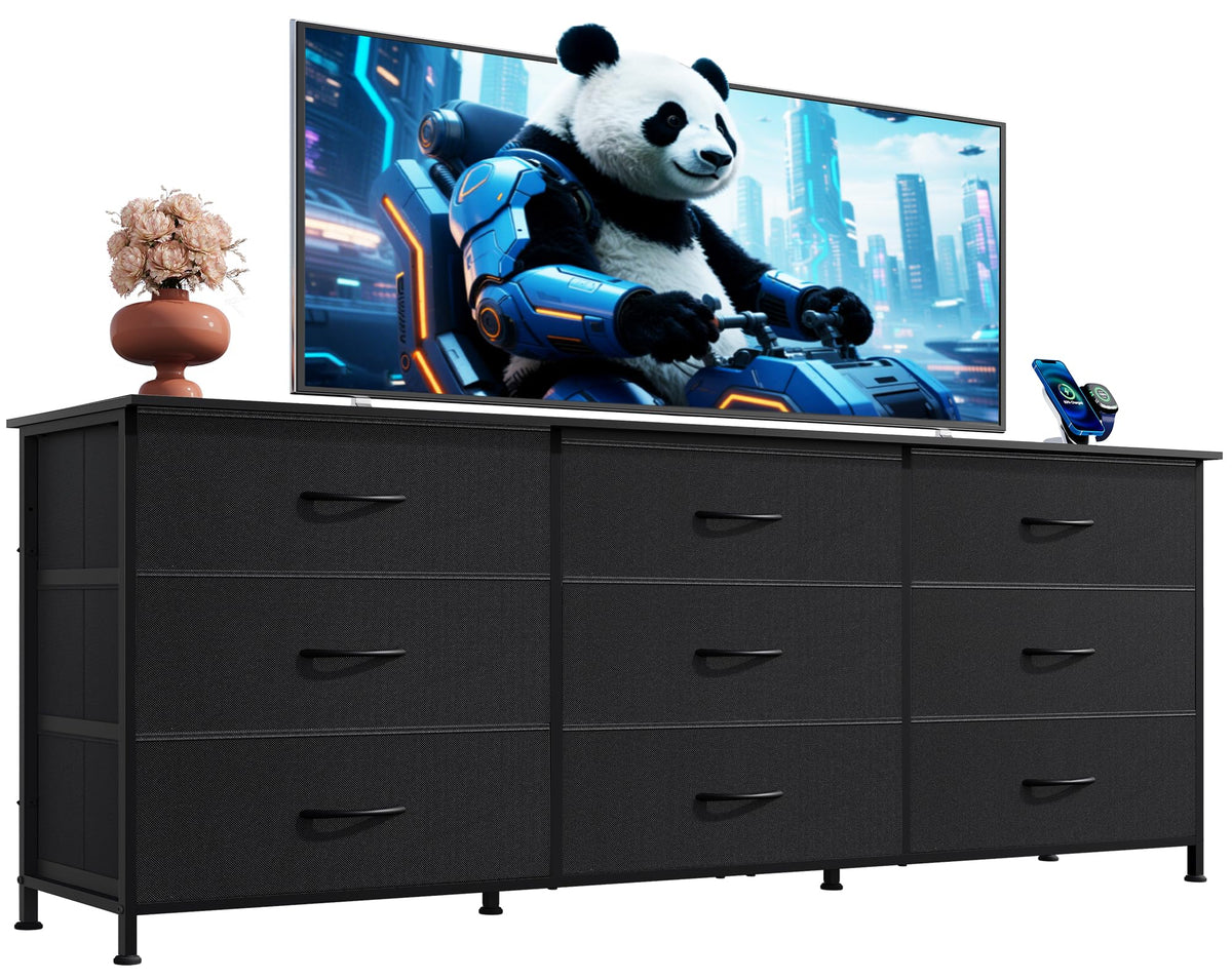WLIVE Dresser TV Stand for 75 Inch TV, 9 Drawer Dresser for Bedroom, Black