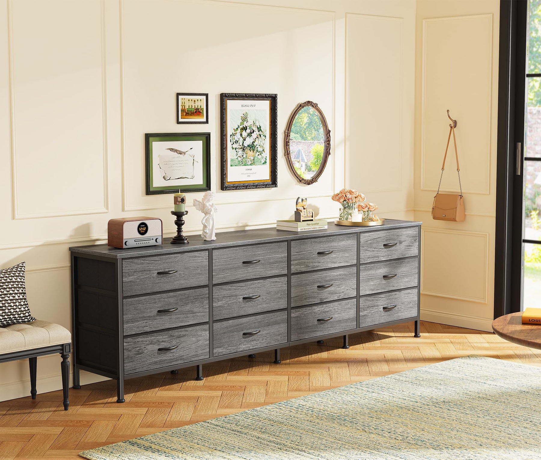 Huuger 70 Inch Dresser for Bedroom, TV Stand for 65, 75, 80 Inch TV, 12 Fabric Drawer Long Dresser, Large Entertainment Center for Bedroom, Wide Chest of Drawer with Storage, Rustic Brown